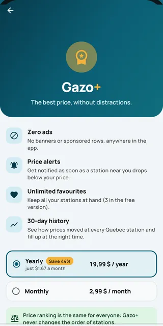 Gazo+ subscription screen: no ads, price alerts, unlimited favourites and 30-day history.