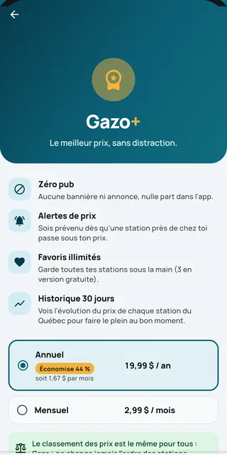 Écran d'abonnement Gazo+ : zéro pub, alertes de prix, favoris illimités et historique sur 30 jours.